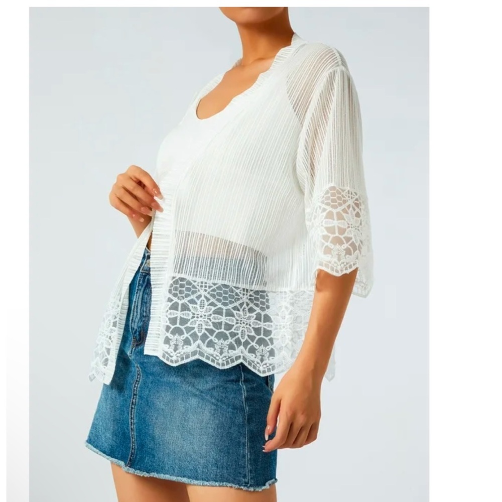 Lace Sheer Cardigan Sweater Short Sleeve Open Front Shrug Floral Bolero Cover Up - Picture 5 of 12